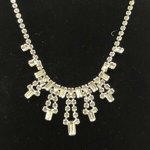 Vintage Smoky Glass Baguettes & Clear Rhinestones Necklace Hook Clasp 20”